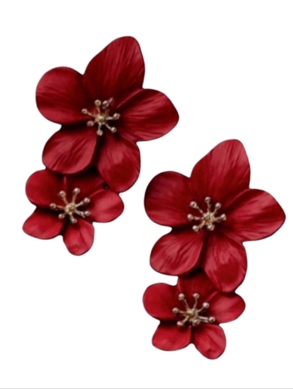 Big Red Double Flower Earrings 3D Hibiscus Statement Flowers Bohemian Floral